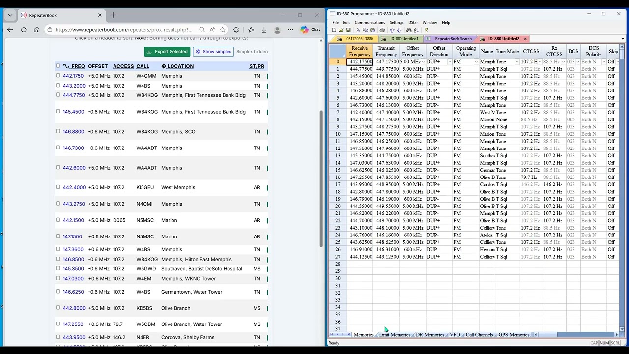 Repeater Search from Repeater Book vs from within RT Systems Programmer