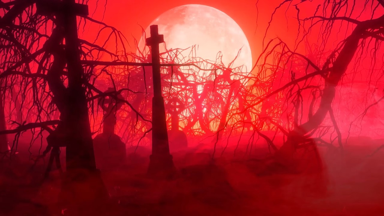 Blood Moon Swamp Graveyard Halloween 4K Animated Motion Background Wallpaper Screensaver