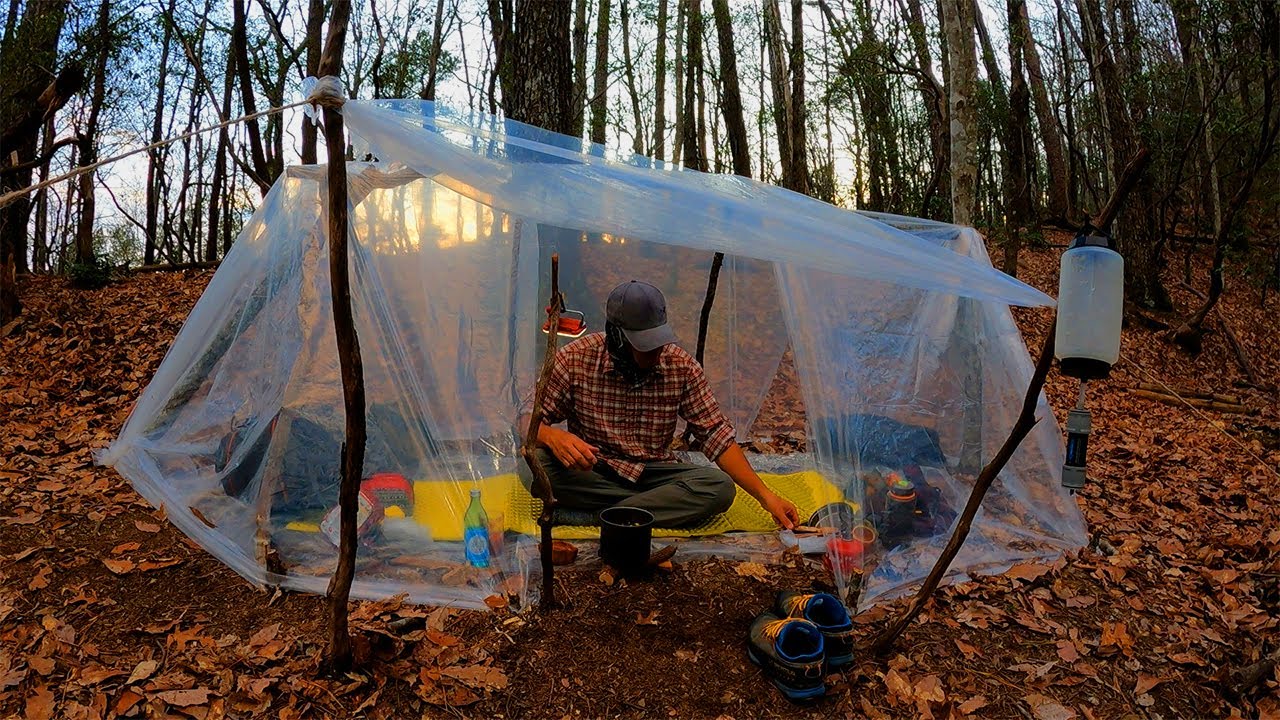 밤새 천둥과 번개, 폭우까지...완벽한 자작 비닐 쉘터, 비닐 움막, 오지 산속 새벽 빗소리 ASMR, Wild camp and Bushcraft (ft 미국 백패킹)
