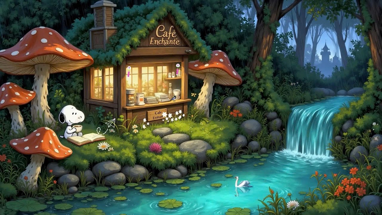 Snoopy’s Rainy Day Lofi Chill ☕ Cozy Forest Café Ambience with Soft Lofi Beats for Relaxing