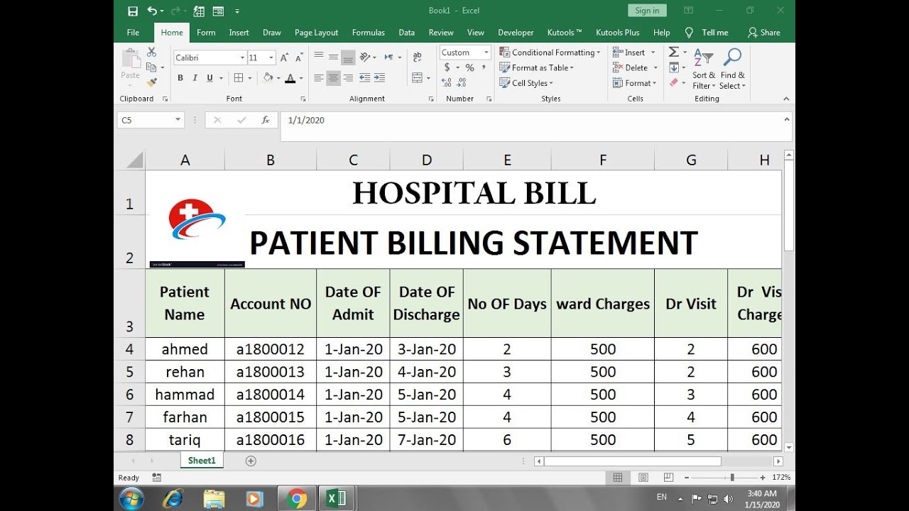 how to make hospital billing Statement  Sheet in Excel