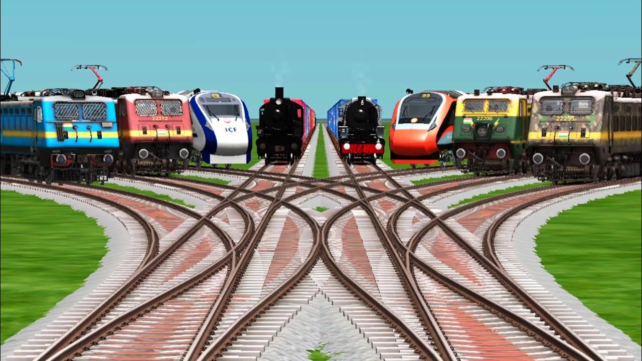 8 Trains Crossing By Bumpy Branched Railroad Tracks | Indian Railways Crossing | Train Video World 