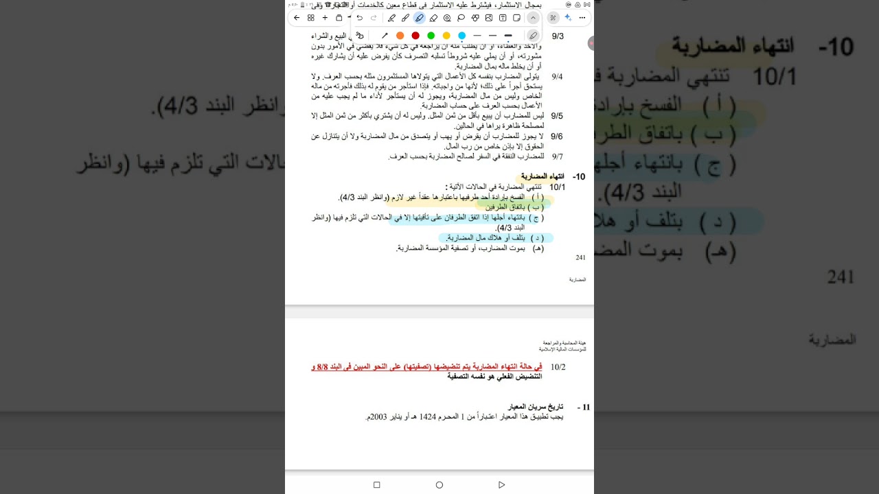 حالات انتهاء عقد المضاربة ـ معيار المضاربة رقم 13 معايير الايوفي . 