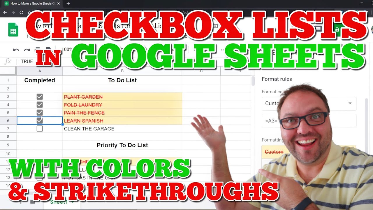 Как сделать список флажков Google Sheets с зачеркиванием и цветами