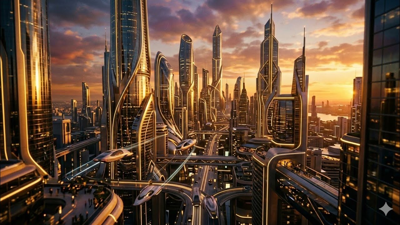 Golden Smart Cities 2050 – 10 Minutes 4K Sci-Fi Nature & Futuristic Exploration