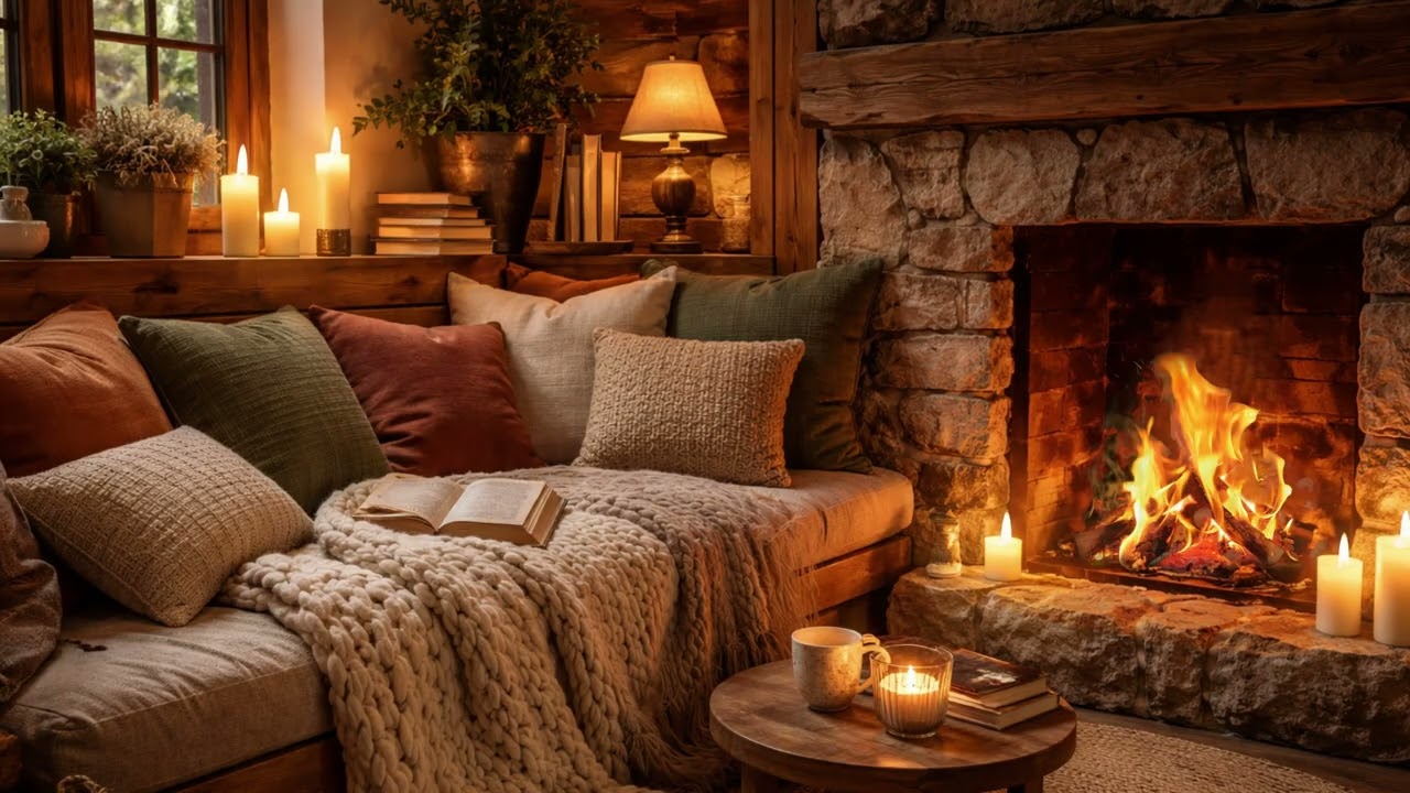 Warm Cabin Attic Fireplace 🔥 Cozy Reading Nook with Forest View Ambience