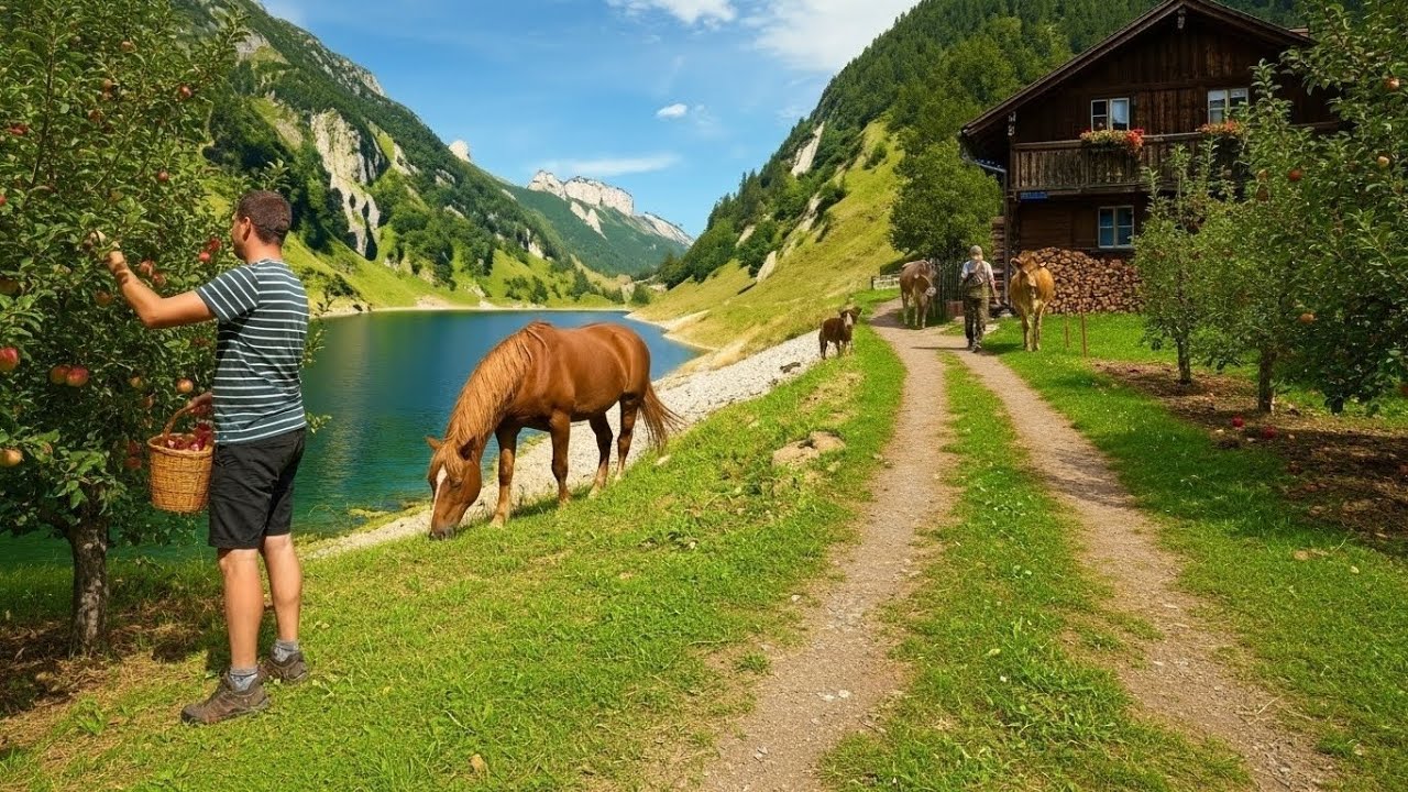 Two hours of life in the Swiss Alpine countryside and villages. Between remote orchards and villages