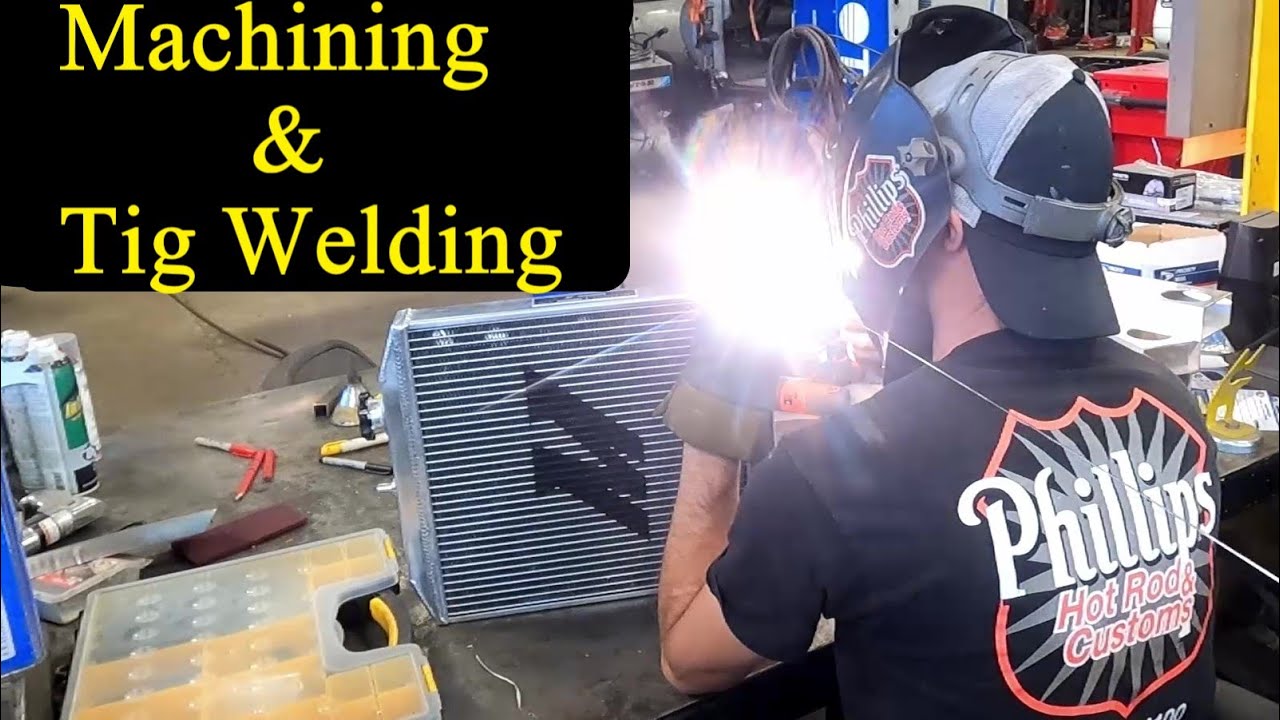Machining and Tig Welding Aluminum AN fitting to a Radiator. Machining on a lathe