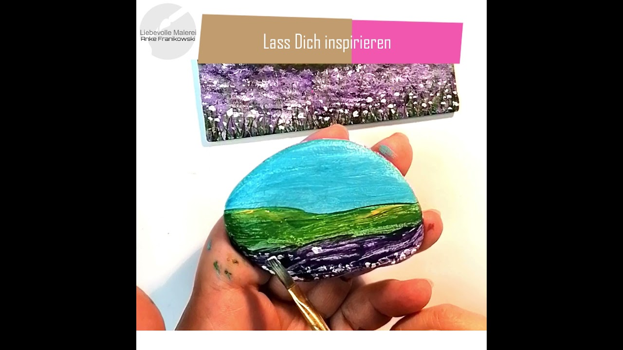 Einen Stein mit Acryl bemalen. Eine Landschaft mit Blumenfeld auf einen Kiesel malen |Acrylmalerei ❤
