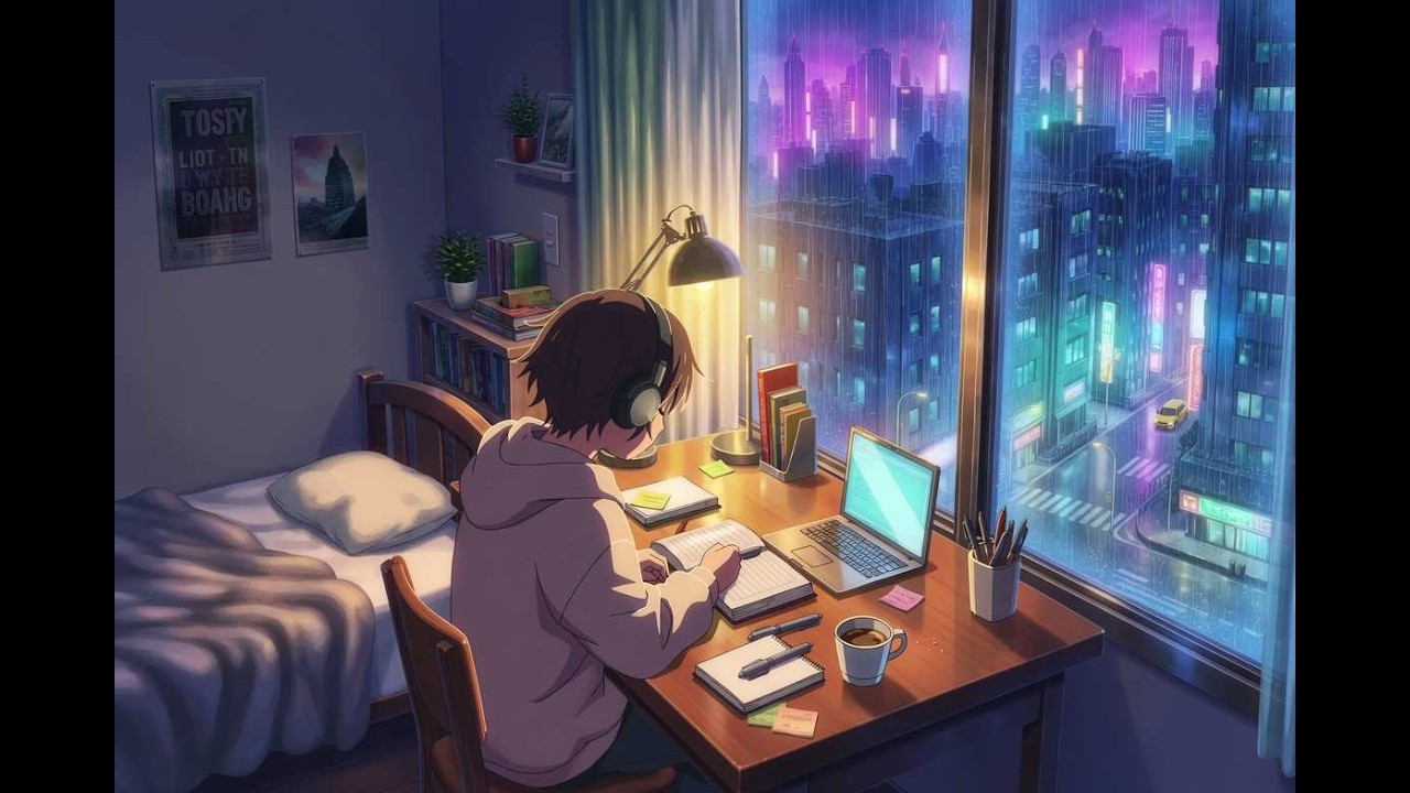 8 Hours Lofi Study Beats — Anime Room Rainy City Night | Rain on Window & Neon Lights