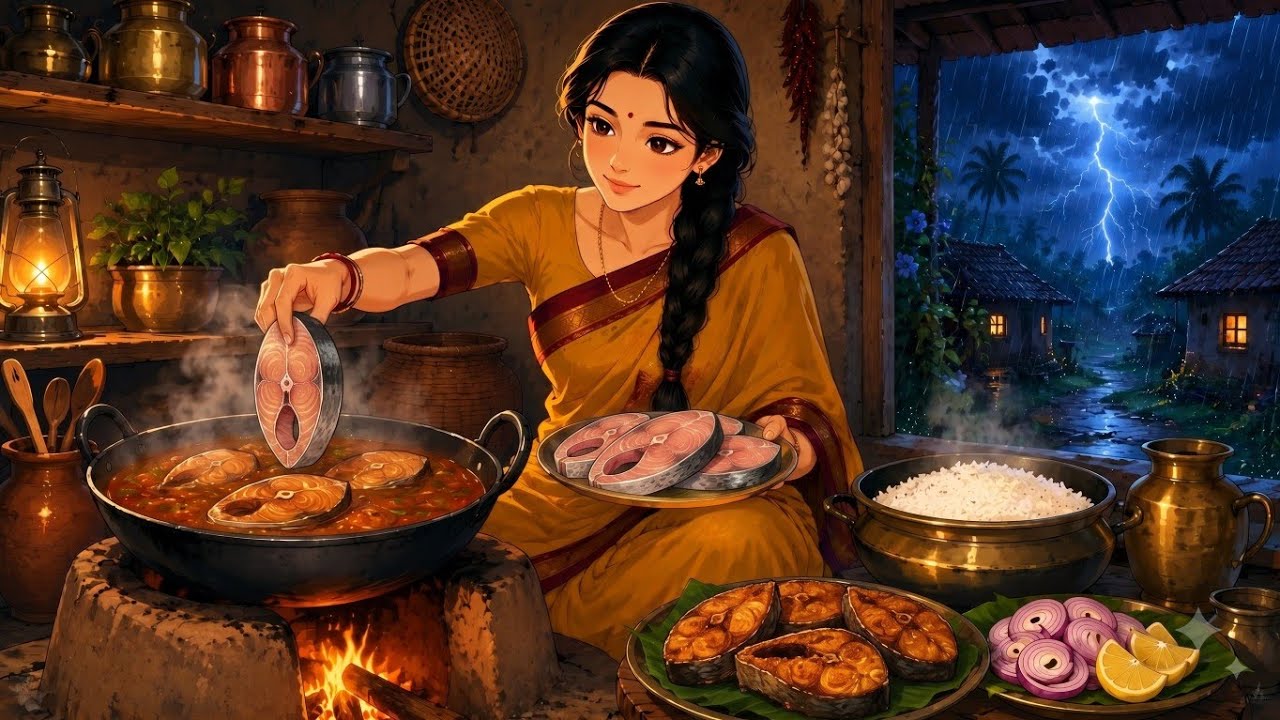 A Peaceful Rainy Day in 1990s Indian Village 🌧️ | Traditional Fish Pulusu & Fish Fry | Ghibli Style 