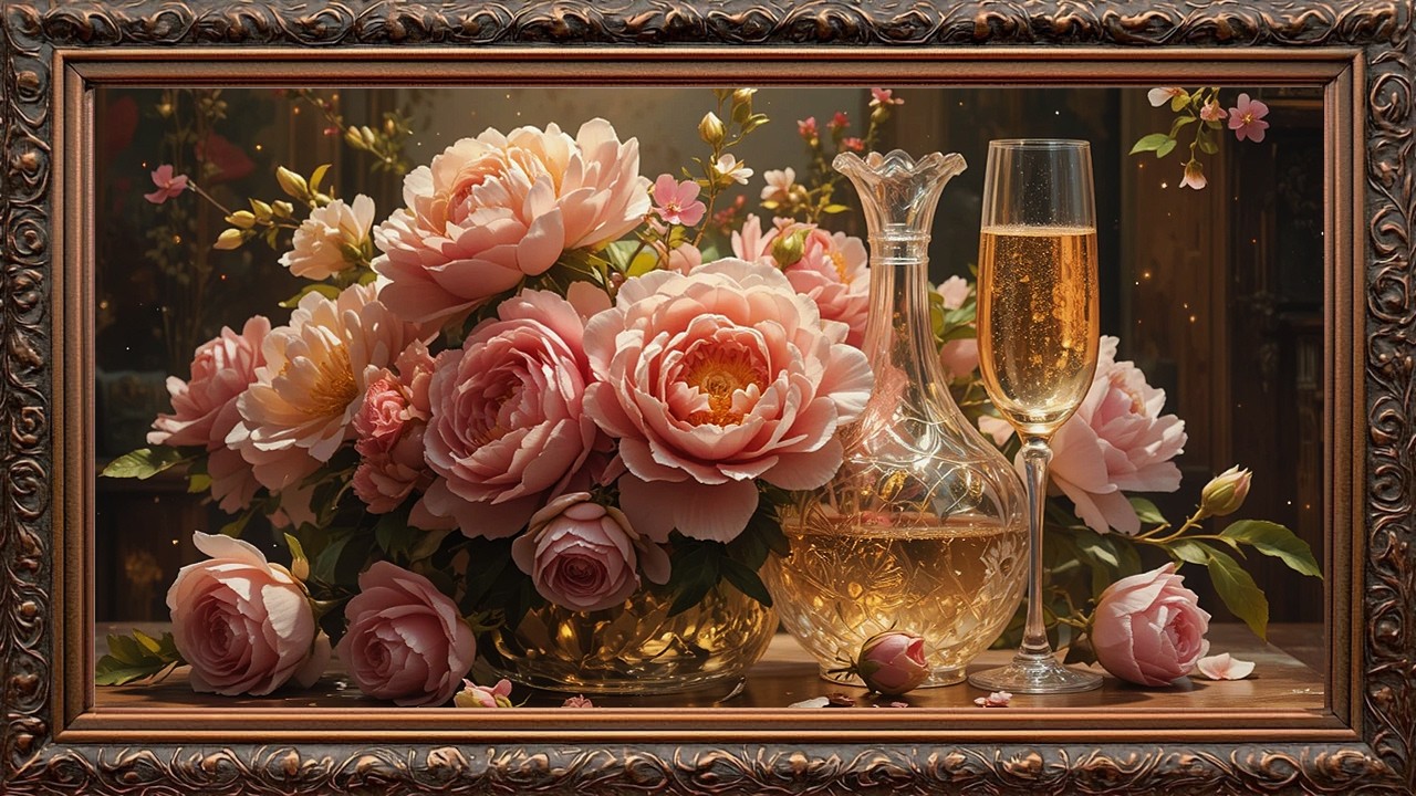 Peonies, Roses & Crystal Decanter 🥂✨ Baroque Champagne Still Life | 4K Art