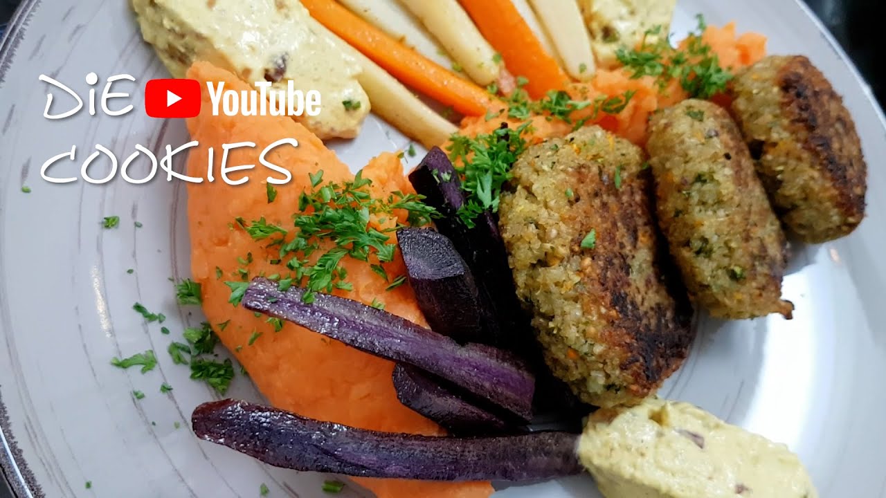 Grünkern Bratlinge ! Mit Süßkartoffel und Curry-Dattel-Dip !! Vegetarisch und quasi vegan!! #52