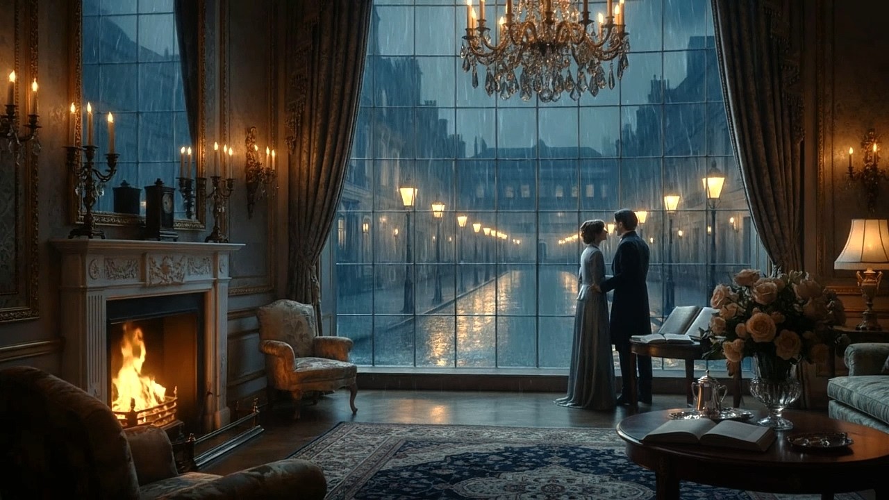 Bridgerton Style Regency Romance: Elegant Drawing Room 🌹 London Rain & Cozy Hearth