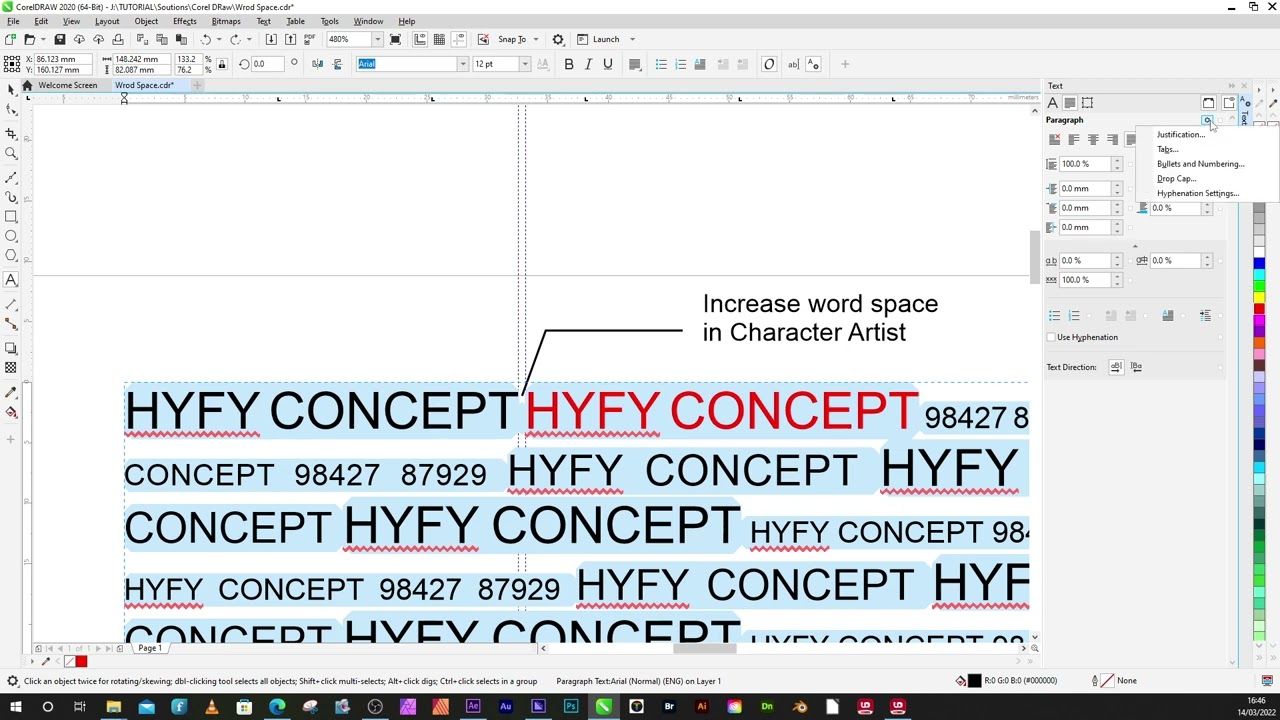 Word Space Increase in Justification Alignment   Corel Draw 2020