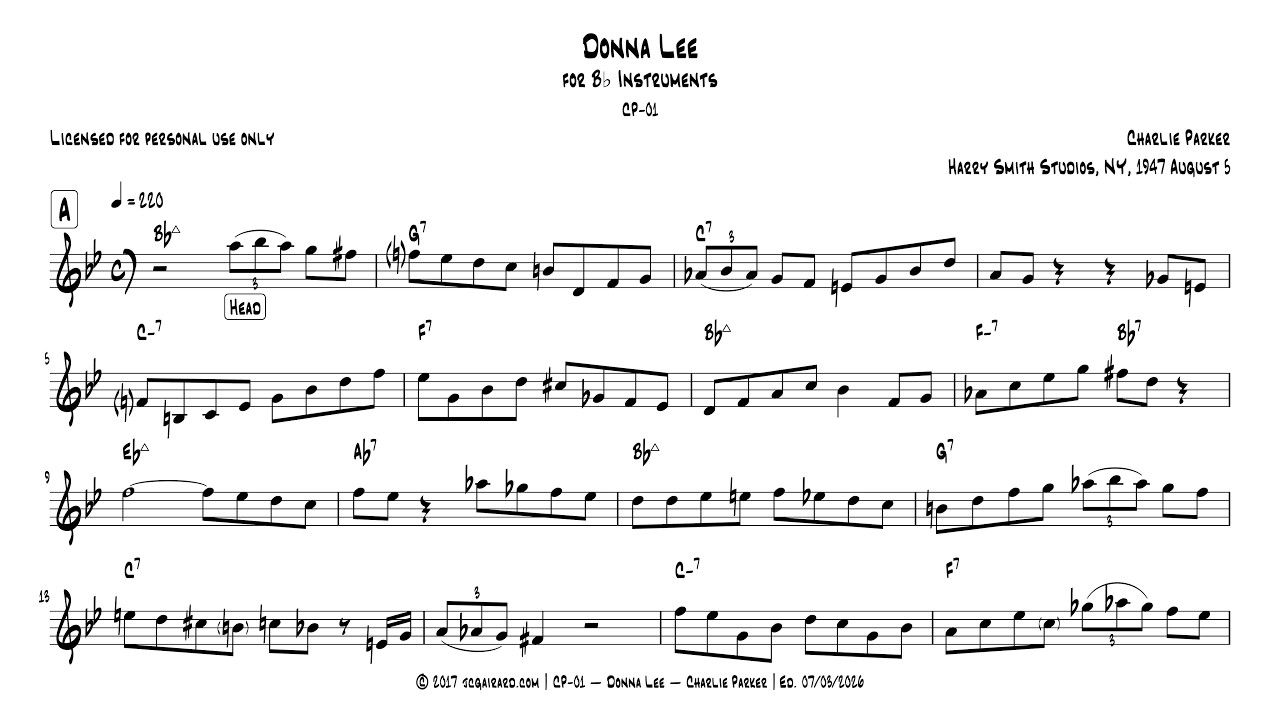Charlie Parker - Donna Lee - Full transcription for Bb instruments