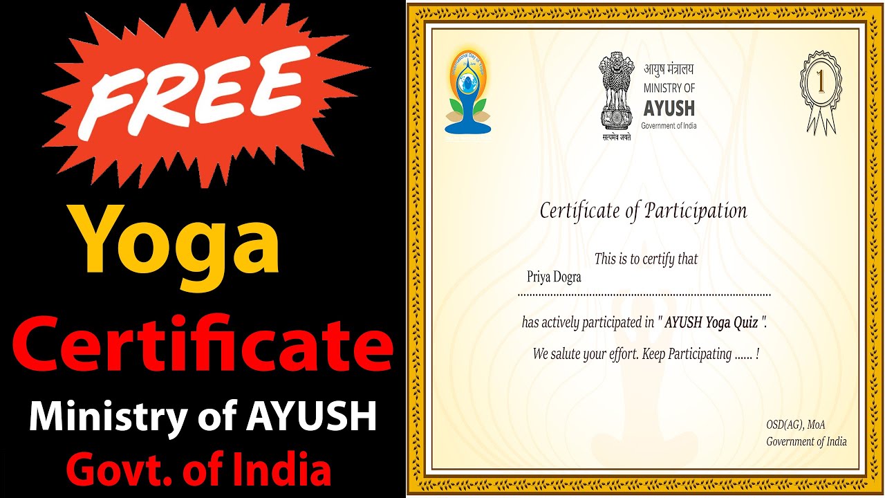 Free Yoga Certificate - Ministry of AYUSH - Govt of India - Govt Certificate Online