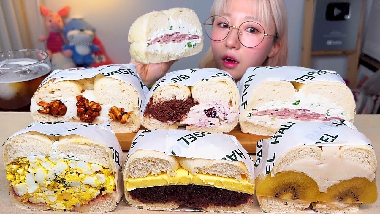 하프베이글🥯 ￼고르곤졸라샌드 파베이컨샌드 초코더블베리샌드 과일샌드 크림샌드 베이글 디저트 먹방 Dessert Mukbang