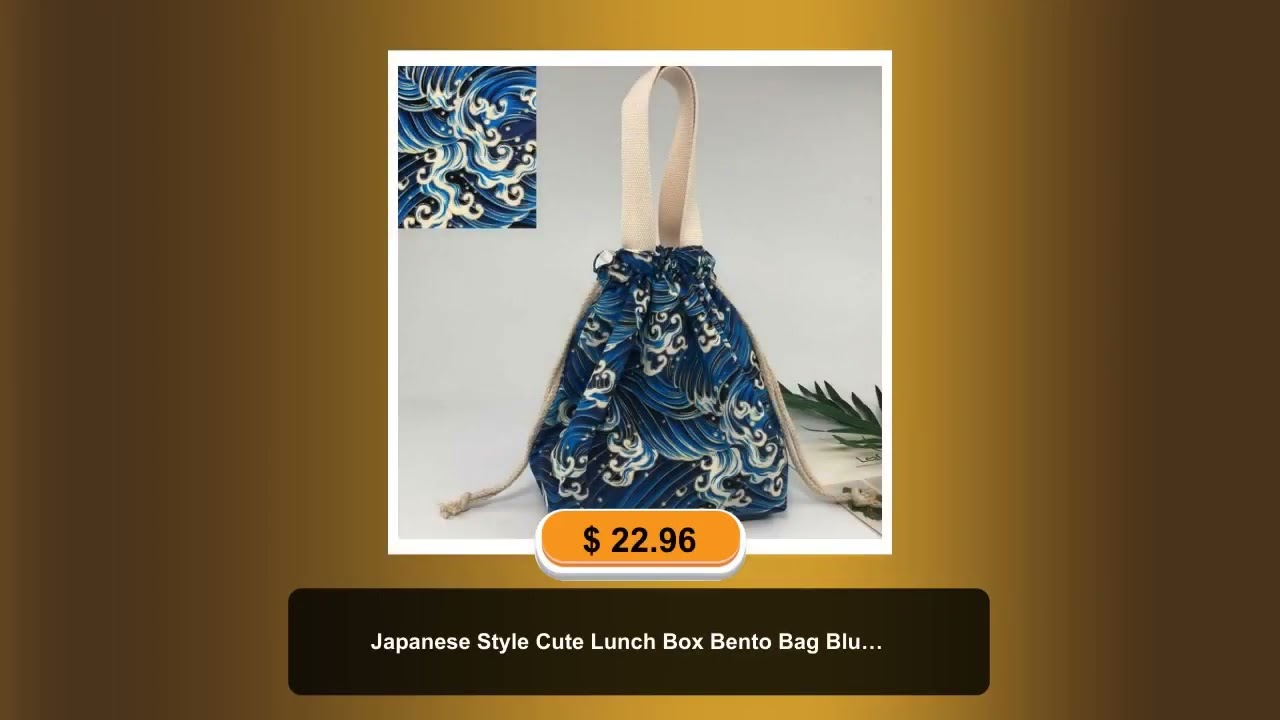 Japanese Style Cute Lunch Box Bento Bag Blue Sea Wave Drawstring Canvas Lunch Bag Large Capacity ...