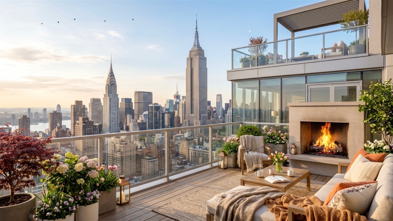 New York City Morning Spring Cozy Balcony Ambience | City, Fireplace Sound 😌🎧☀️ (Chill, Work, Focus)