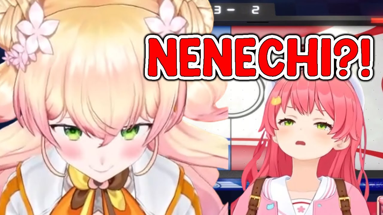 Nenechi's rage scares Miko while playing Air Hockey