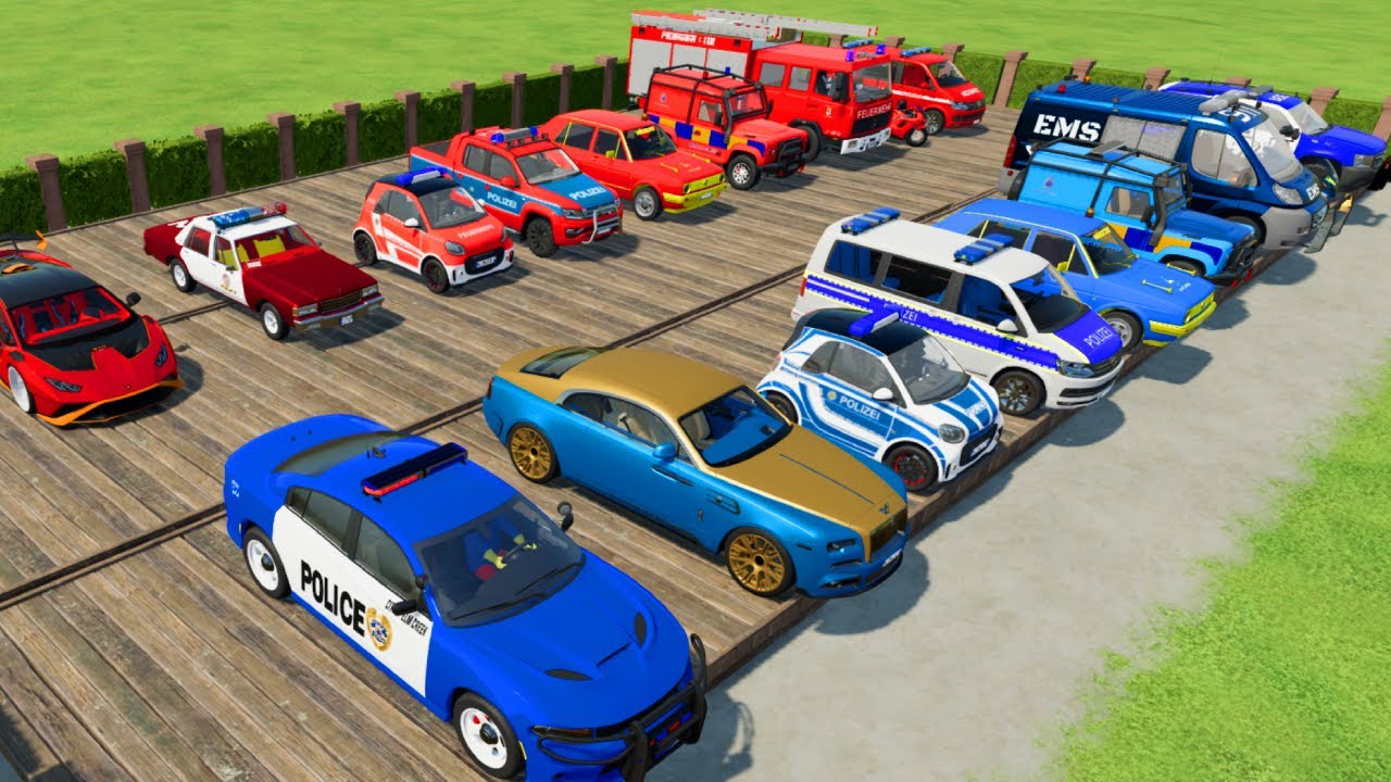 TRANSPORTING CARS, AMBULANCE, POLICE CARS, FIRE TRUCK OF COLORS! WITH TRUCKS! - FS 22
