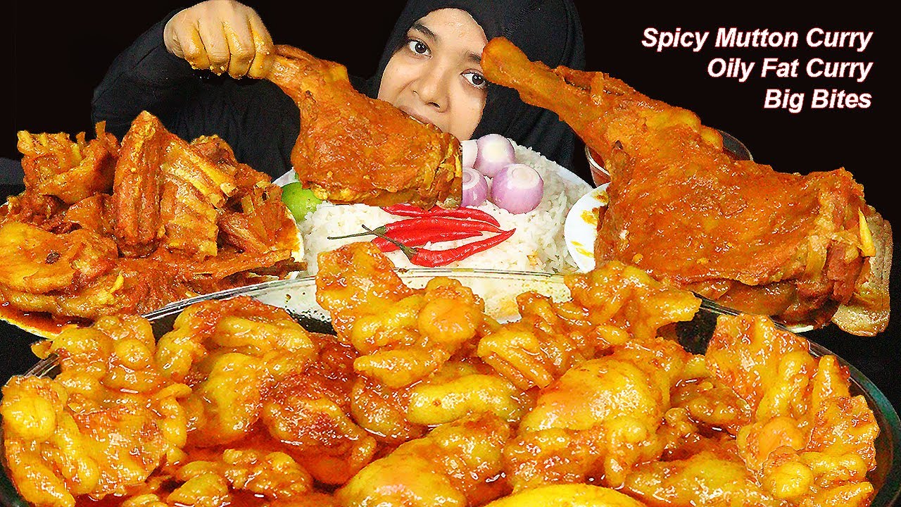 VILLAGE STYLE MUTTON CURRY, HUGE SPICY 🔥 OILY MUTTON FAT CURRY, MUTTON LEG CURRY, BIG BITES, MUKBANG
