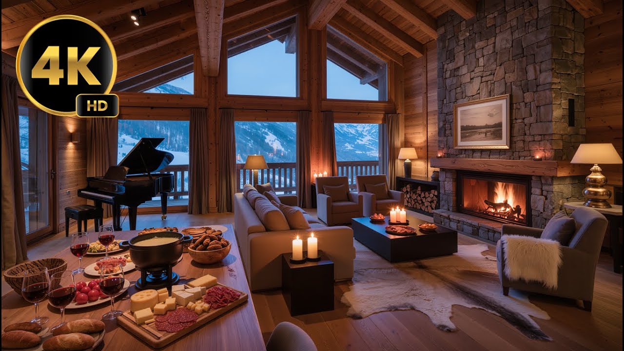 Quiet Piano Music for Dinner 🍷 | Cozy Mountain Chalet Evening with Fireplace (4K)