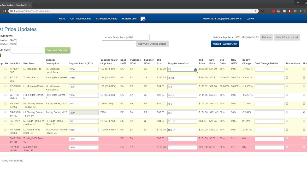 Prophet 21 Epicor ERP custom Mass Price Cost Update tools demo 1
