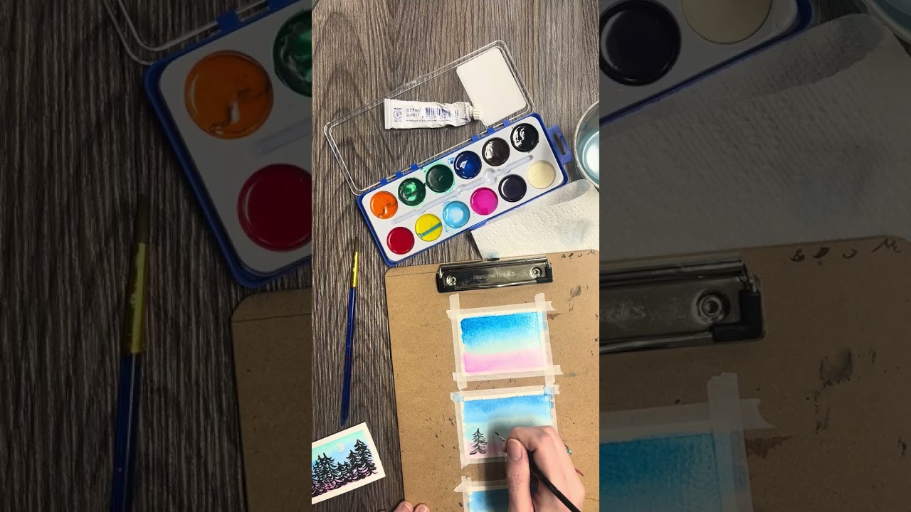 Fading Night Sky, Treeline, and Crescent Moon Watercolor and Gouache Demo