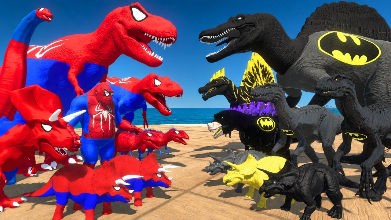 Spiderman T-Rex vs Batman Spinosaurus | Dinosaurs Arena Challenge | Animal Revolt Battle Simulator