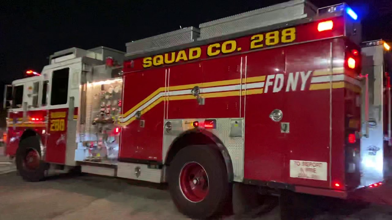 FDNY SQUAD 288 RESPONDING URGENTLY WITH MAJOR AIRHORN FROM QUARTERS ON 68TH STREET IN MASPETH QUEENS