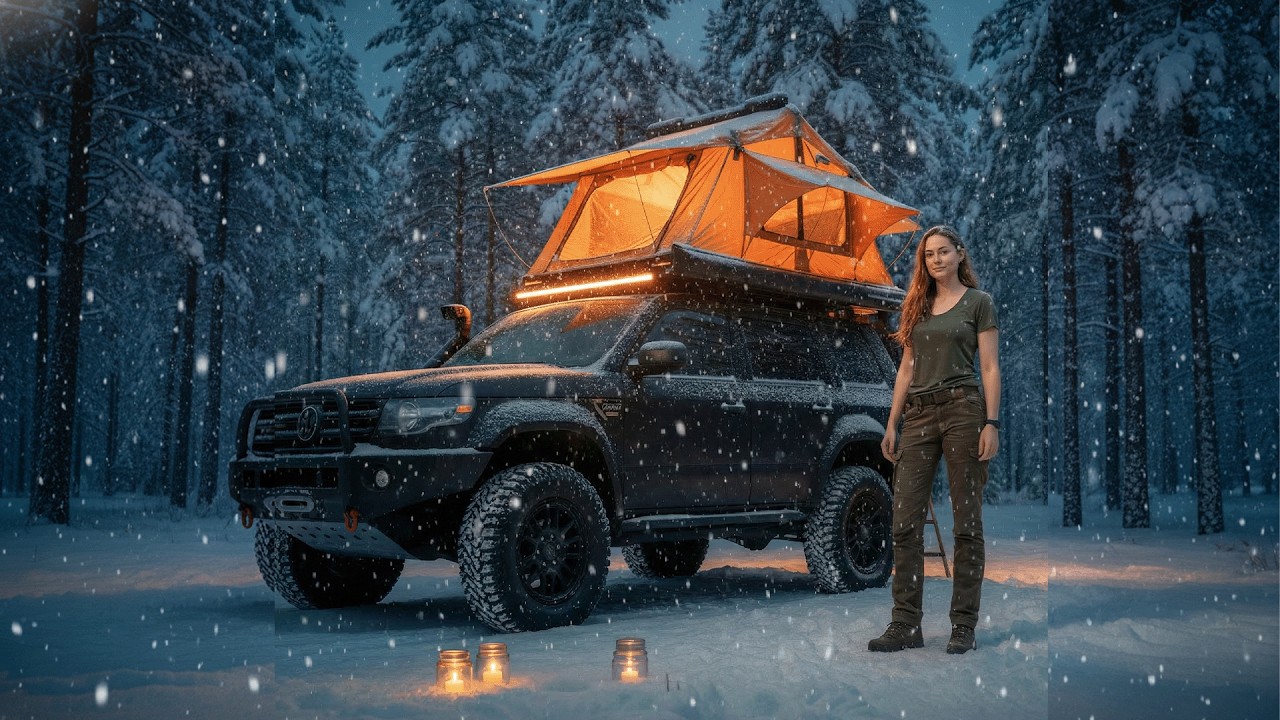 Luxury RV Camping in Deep Snow at Night