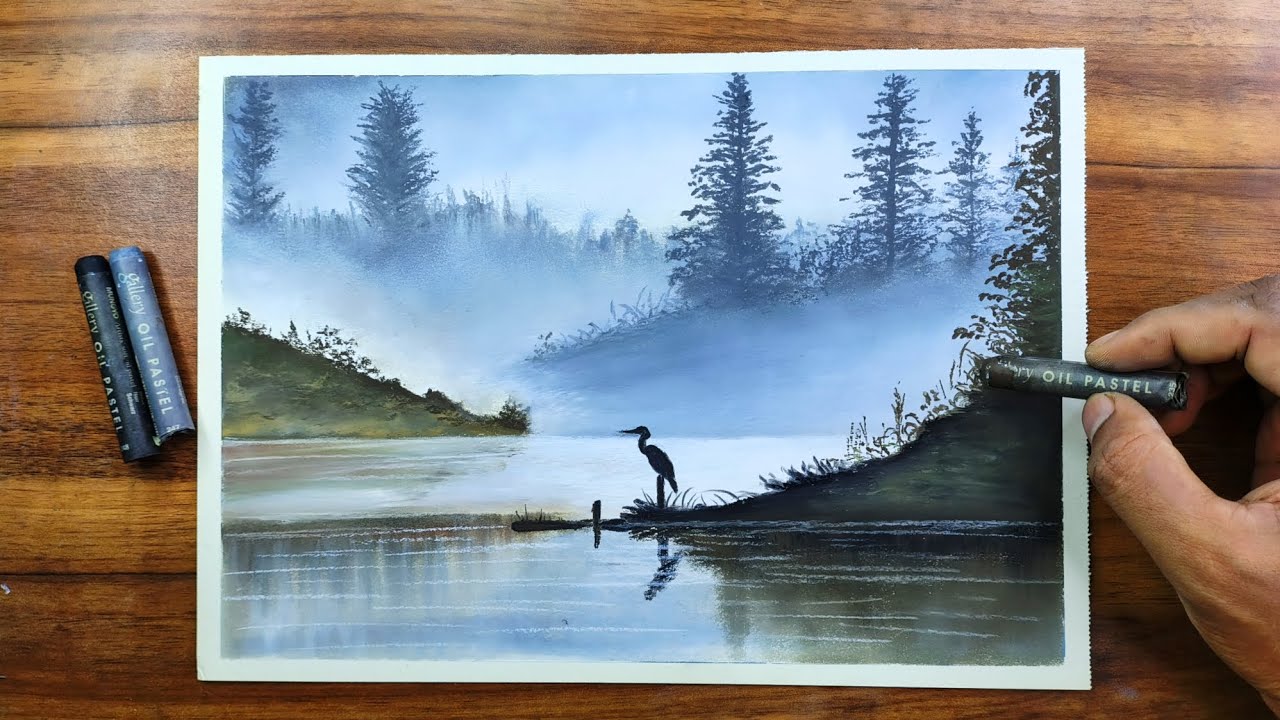 Winter morning aesthetic drawing - Realistic oil pastel landscape drawing - Drawing tutorial