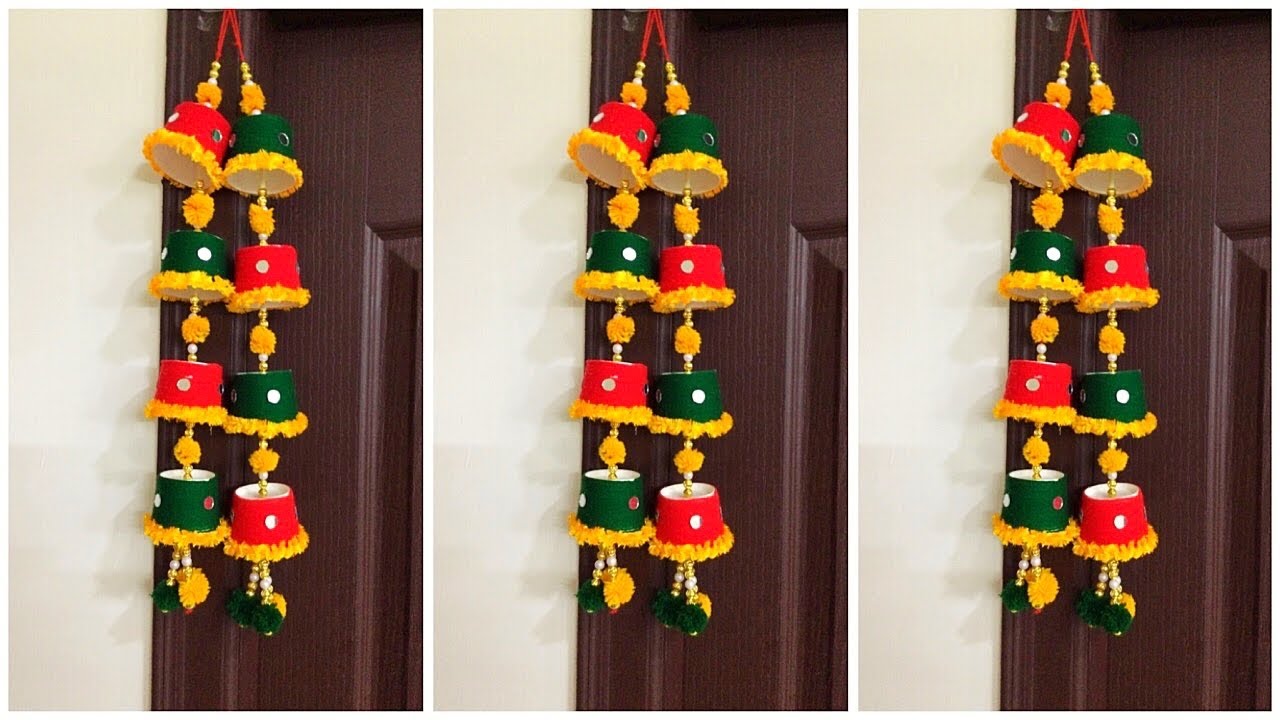 Door hanging with paper cups| wall hanging with paper cups and wool |Diwali decoration hanging ideas