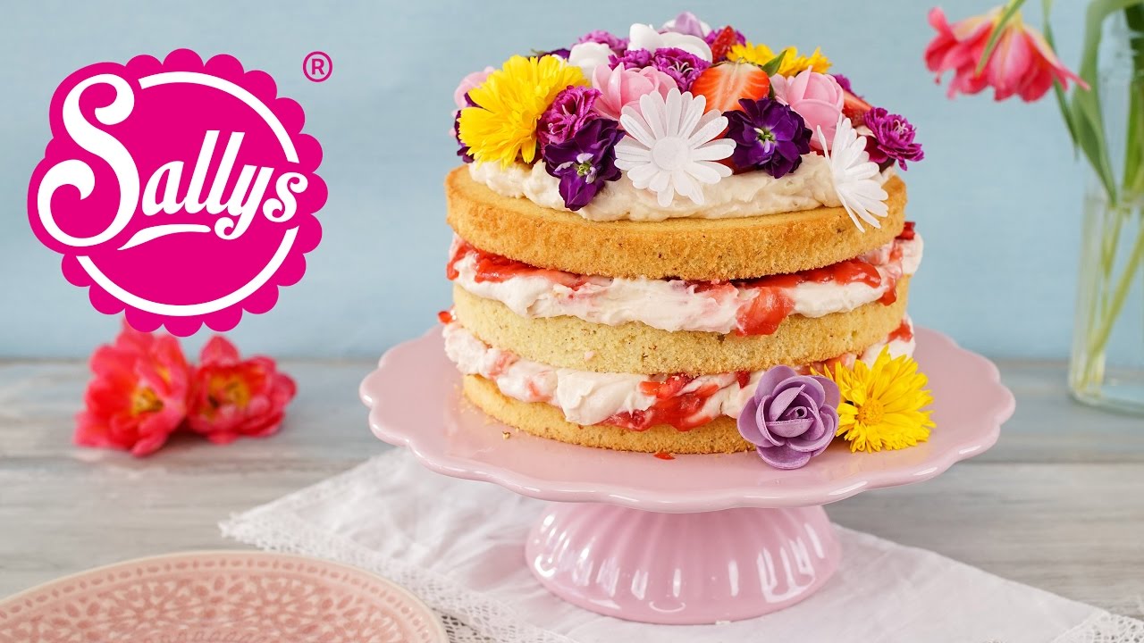 Naked Cake zum Muttertag / Erdbeer-Rhabarber-Torte mit essbaren Blumen / Sallys Welt