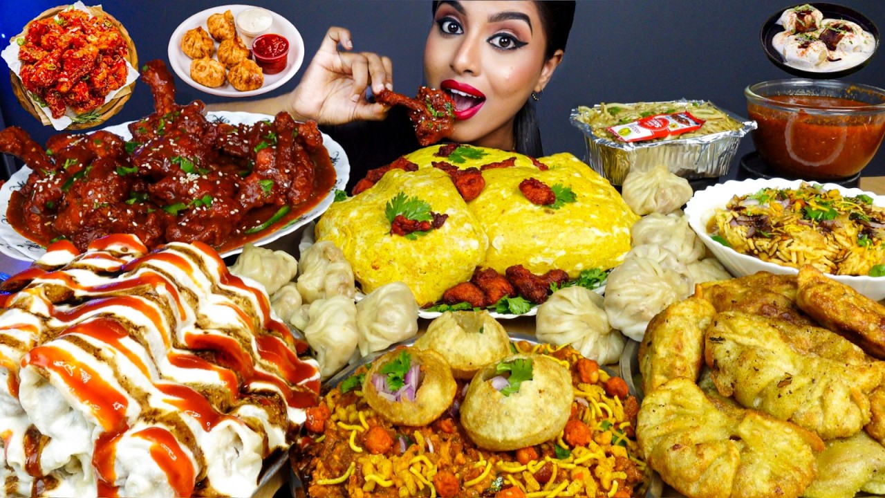 ASMR Eating Spicy Dragon Chicken Curry,Momos,Rice,Bhel Puri Masala,Egg Big Bites ASMR Eating Mukbang