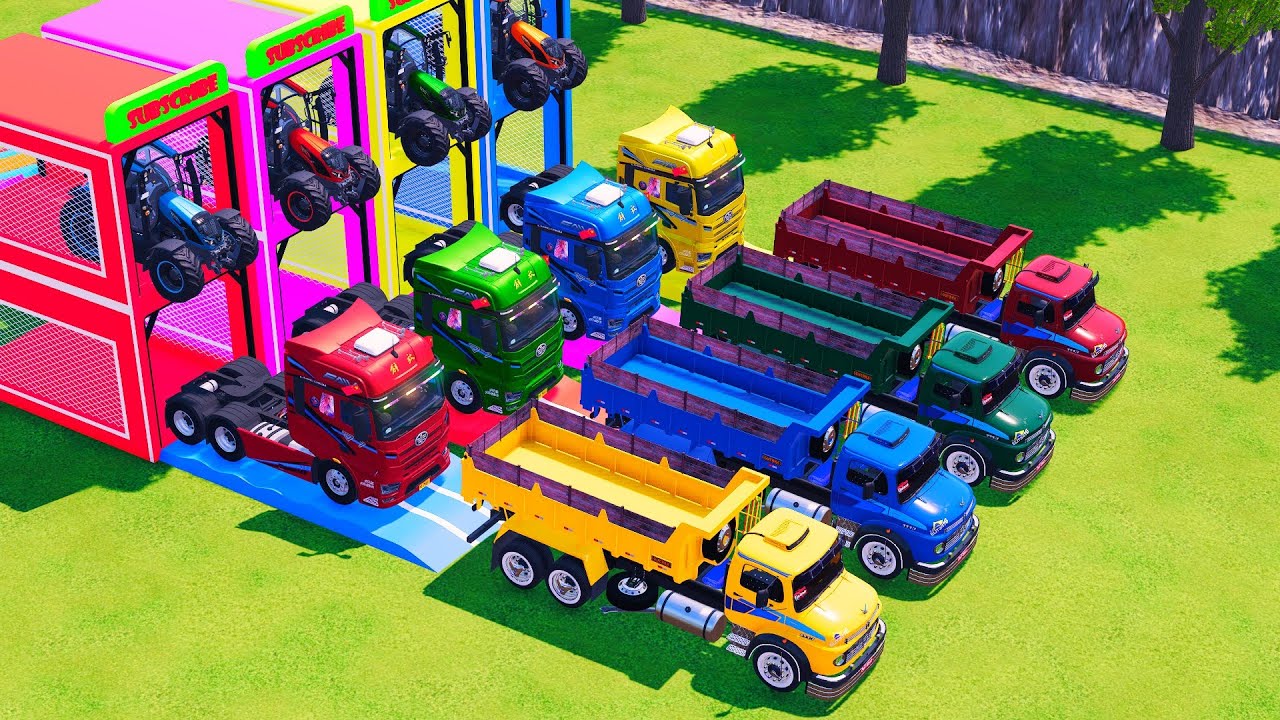Transport with Colors - ALL MIXER TRUCK WITH DOUBLE FLATBED TRAILER TRUCK & TRACTOR! FS22 #40