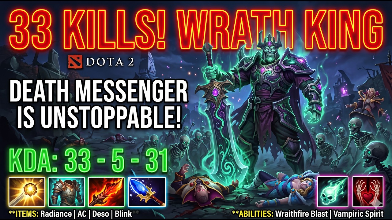 🔥 33 - KILLS! Wraith King DEATH MESSENGER is UNSTOPPABLE | Dota 2 KDA 33 5 31 🔥