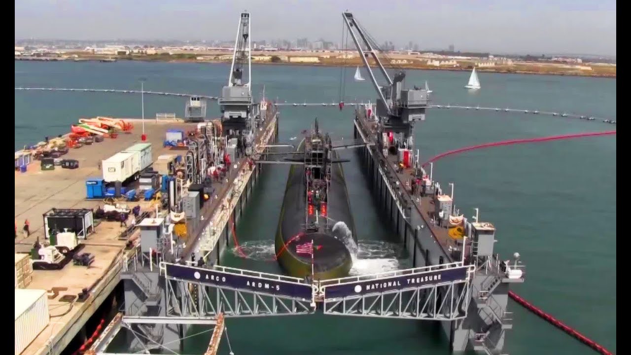 Nuclear Submarine Dry Docks Inside Floating Dry Dock - Time-lapse Video
