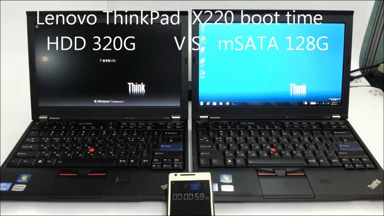 Lenovo ThinkPad X220 boot time with transcend mSATA 128GB VS Hitachi HDD 320G