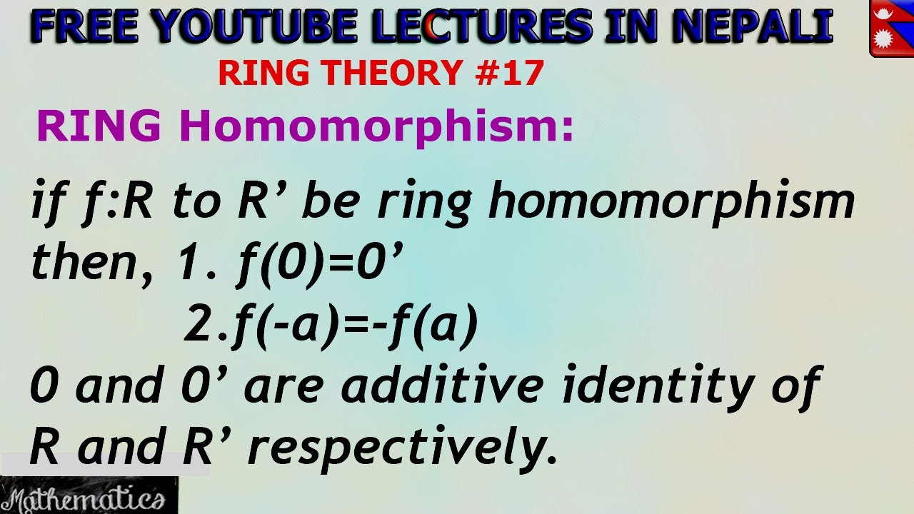 If f:R to R' is Ring Homomorphism then f(0)=0' and f(-a)=-f(a) || RING THEORY #17||