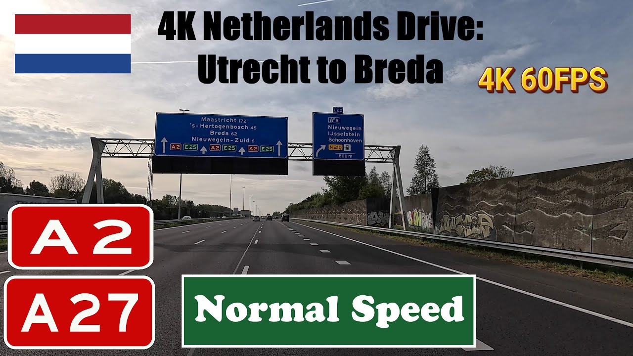 4K Netherlands Drive: Utrecht to Breda.  Motorway A2 & A27