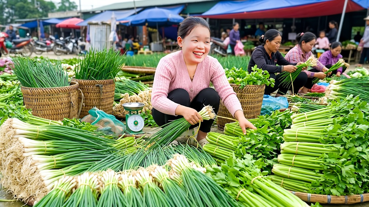 Harvesting green onions and celery to Sell at market - Cleaning up flower garden with Huong