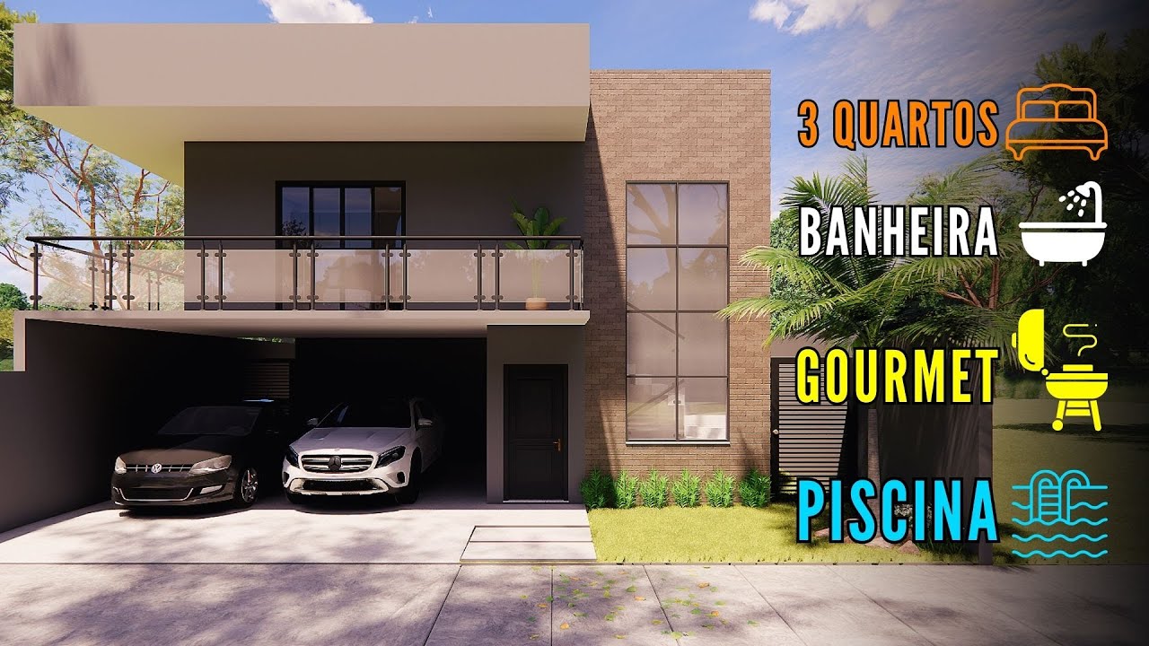 PROJETO DE SOBRADO 3 QUARTOS | SU&Iacute;TE COM CLOSET E BANHEIRA | &Aacute;REA GOURMET  E PISCINA |  LOTE 12X25
