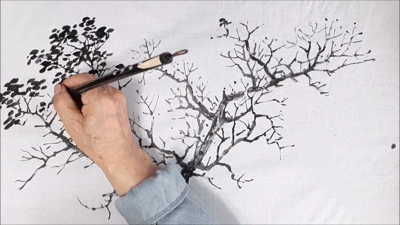 한국화 수묵 풍경화/  떡갈나무 잎나무 그리기/ 