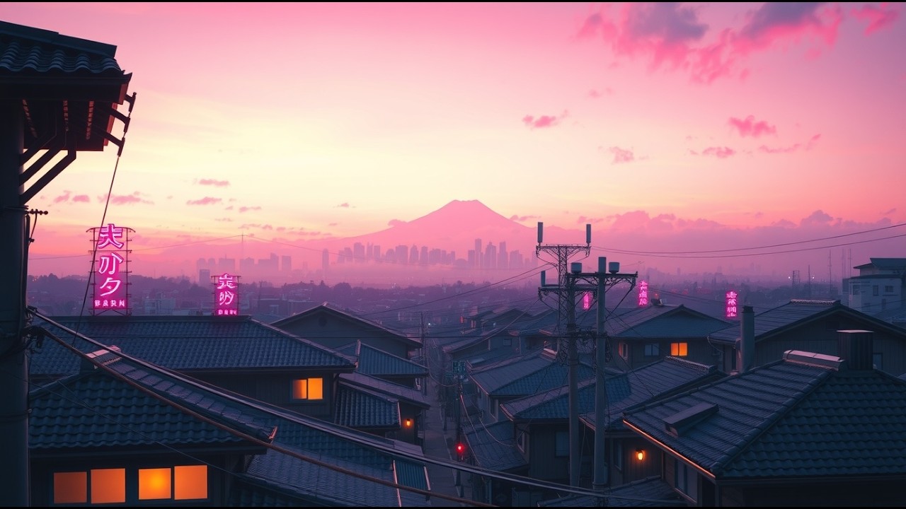Lofi Rain Music • Pink Tokyo Dusk with Neon Lights & Soft Rooftop Rain