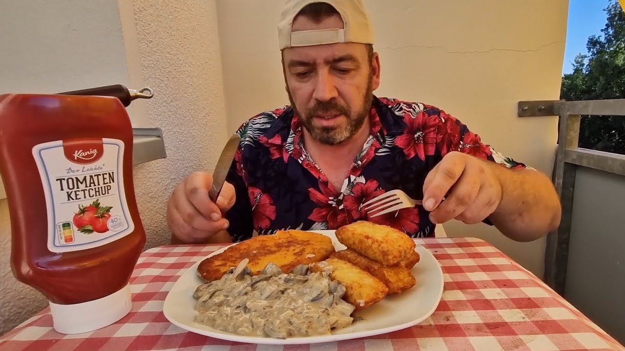 Schnitzel mit Champignon-Rahmsoße & gefüllte Kartoffeltaschen /MUKBANGVIDEO/