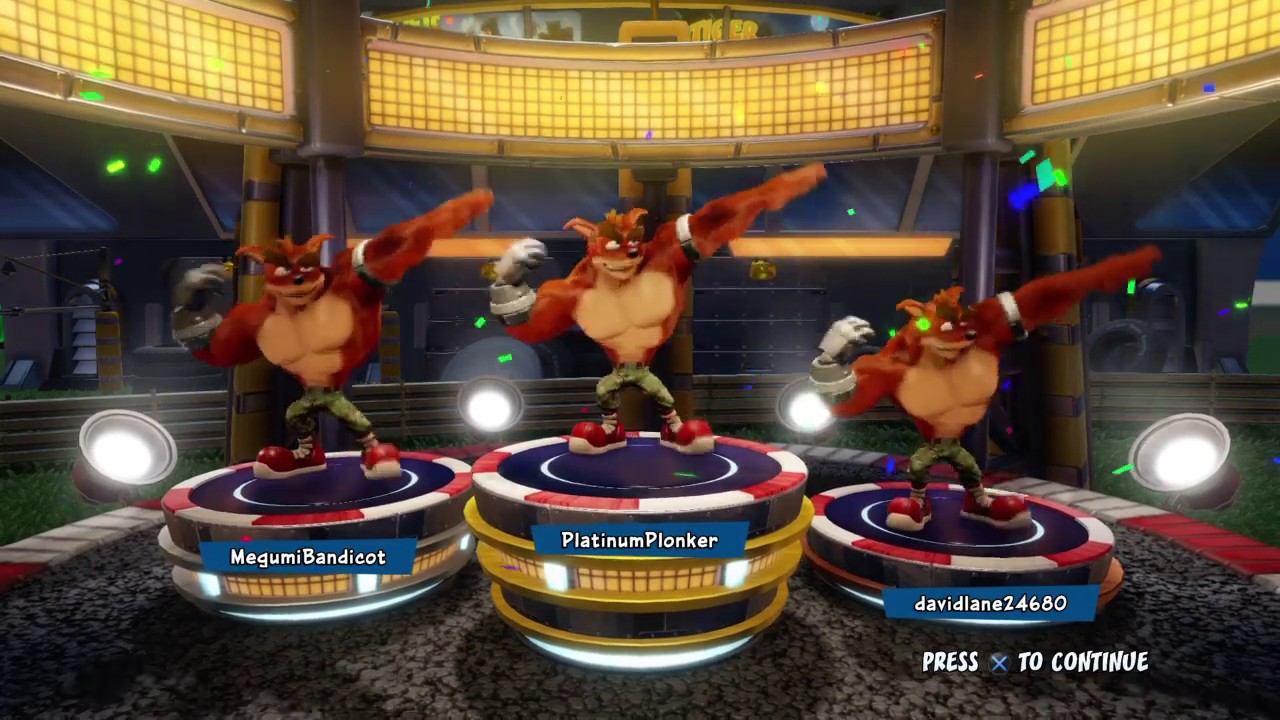 Triple Crunch Bandicoot Winning Podium. (Crash Nitro Fueled)