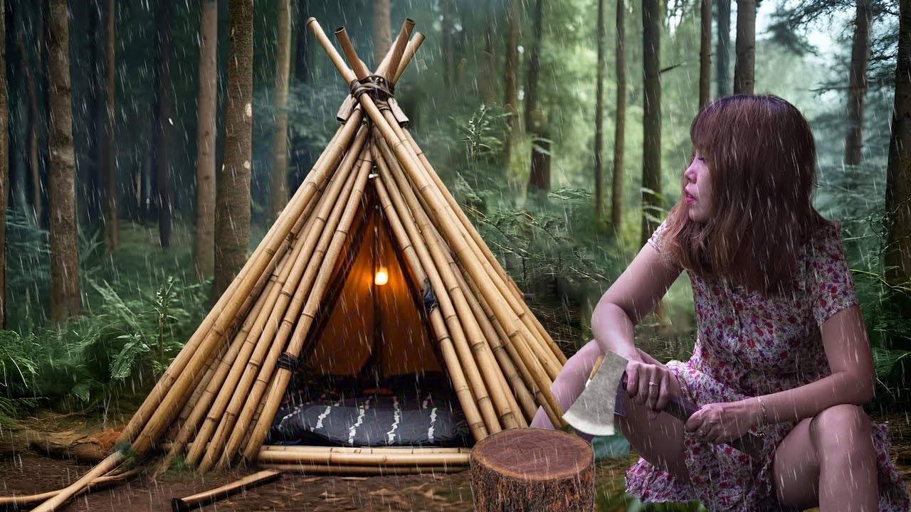 Building a Warm and Cozy Pyramid for Survival in the Rain. Solo Girl Bushcraft Camping